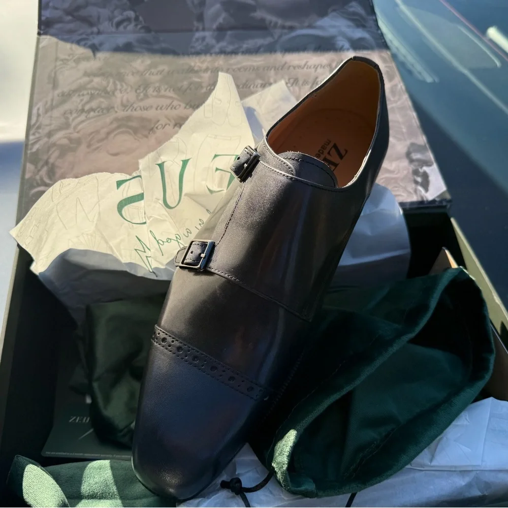 Men's Black Double Monk Strap Shoes - Picture 1 of 5